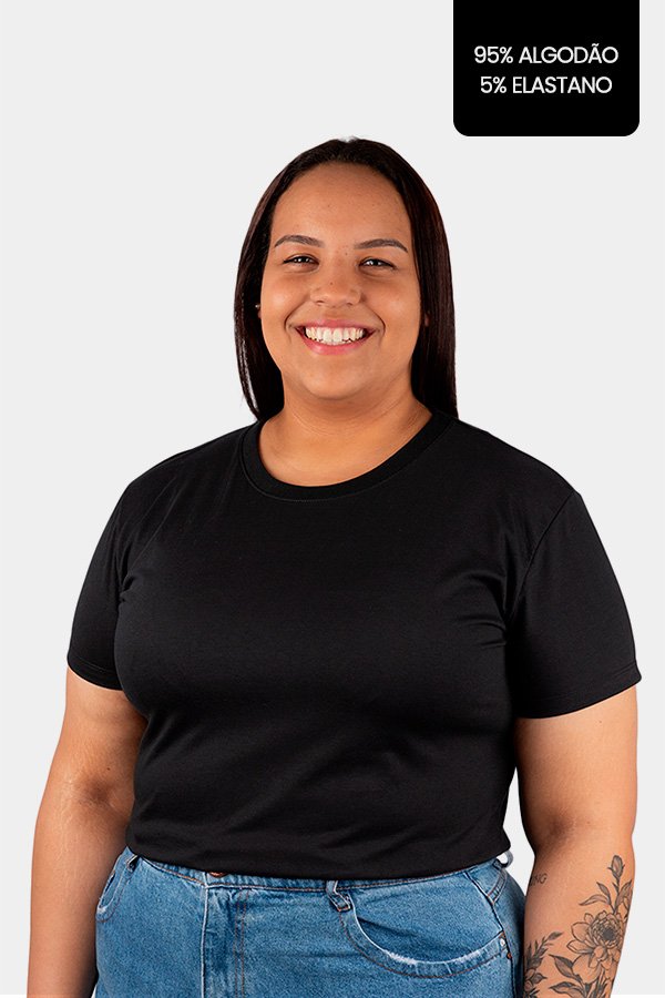 CAMISETA FEMININA PLUS SIZE LISA COM ELASTANO PRETA