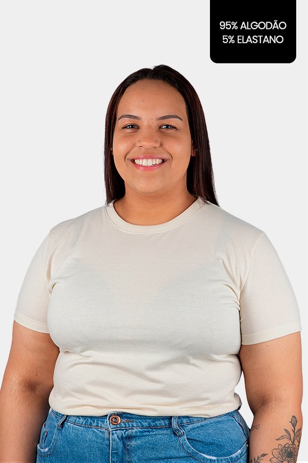 CAMISETA FEMININA PLUS SIZE LISA COM ELASTANO OFF WHITE