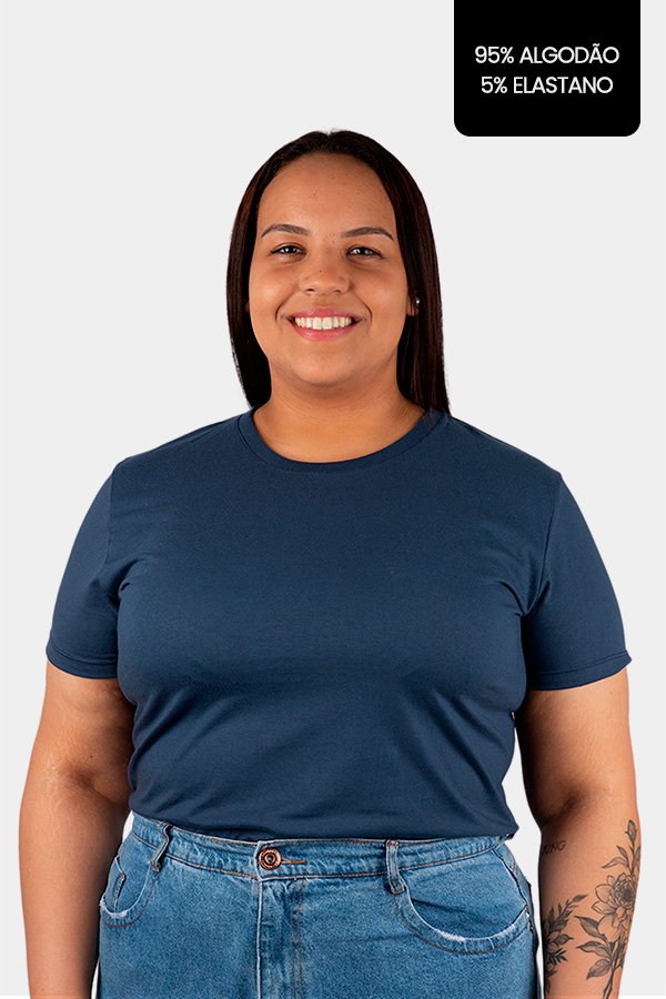CAMISETA FEMININA PLUS SIZE LISA COM ELASTANO MARINHO